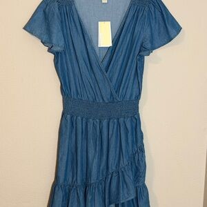 NWT Michael Kors LT Cadet Wash Wrap Dress Tiered Ruffle Denim Dress Size L